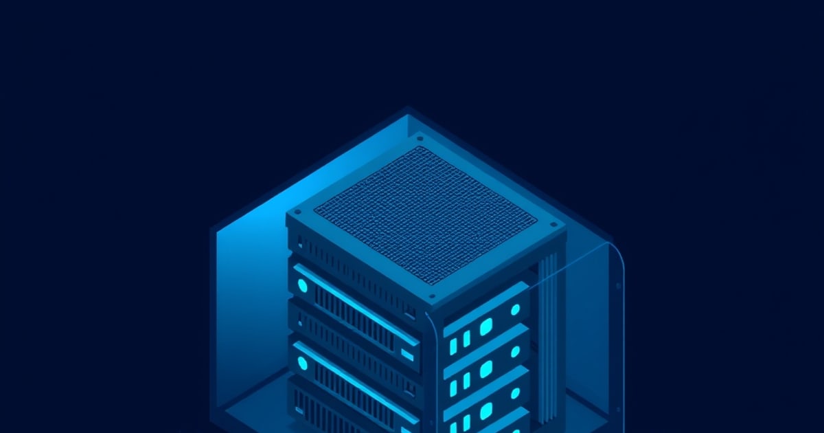 Isometric illustration of a blue server rack with a perforated top panel and glowing cyan bays, enclosed in a transparent glass case on dark navy.
