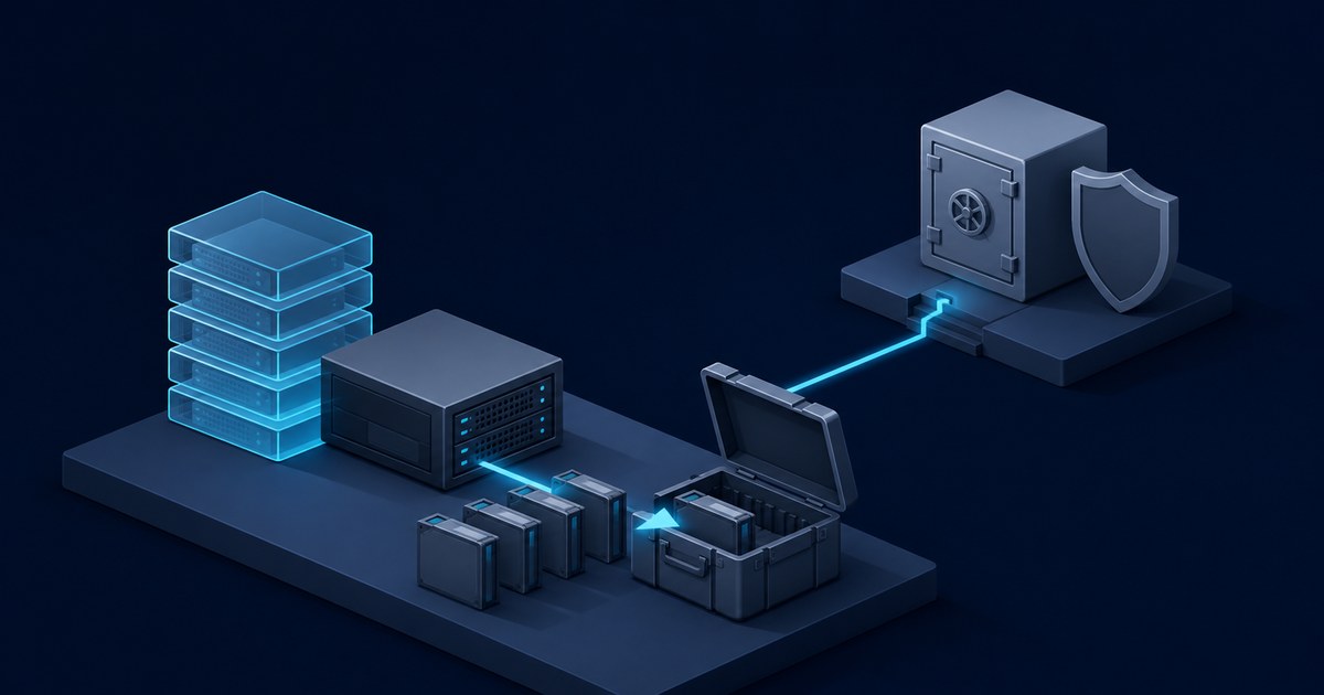 Isometric render of glowing stacked snapshot layers, a server feeding backup cartridges into a rugged case, and a link to an offsite vault with a shield.