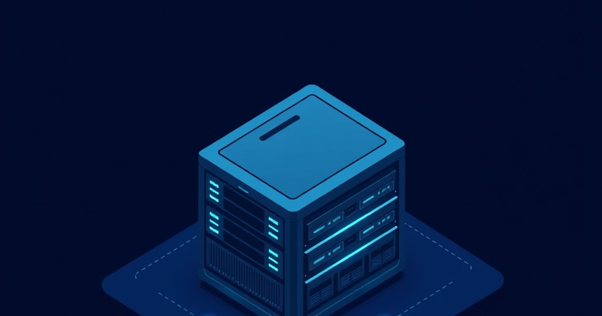 Isometric illustration of a single blue server cube with a handled lid, stacked drive bays and cyan indicator lights, on a dashed outlined platform.