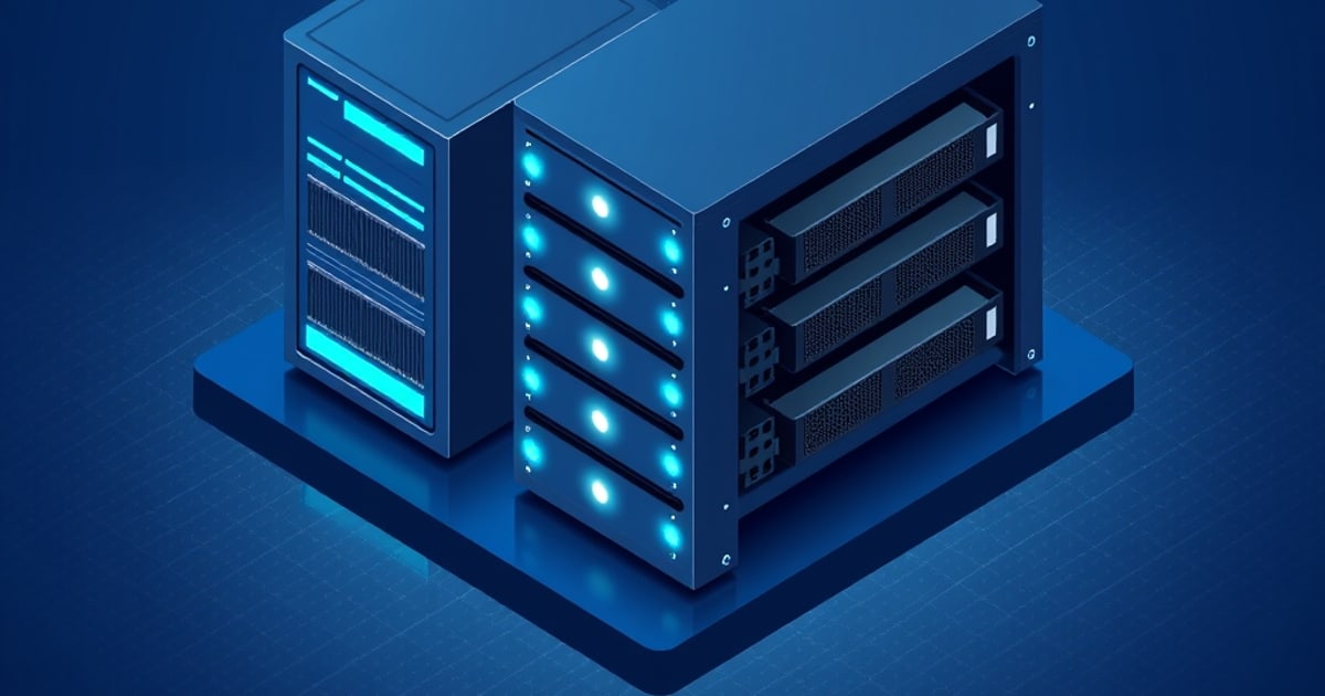 Isometric illustration of one blue server chassis on a plinth, with a lit panel at left, a column of round glowing drive lights, and three sleds at right.