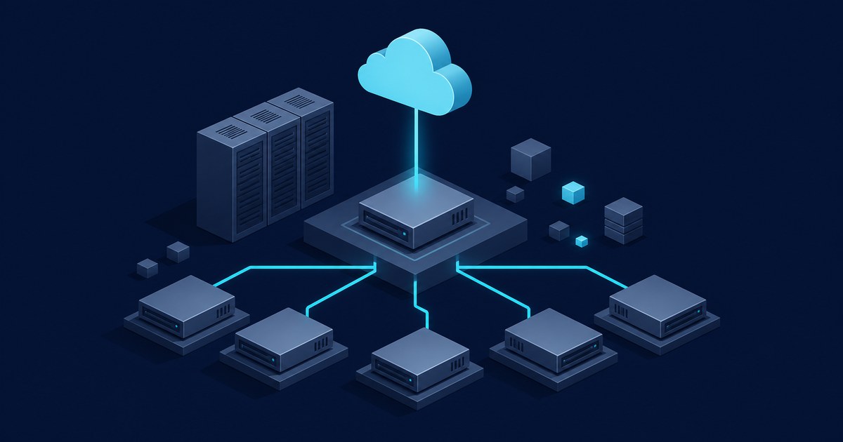 Isometric dark-navy scene of a glowing cloud feeding a central server template that fans out via cyan lines to five cloned servers beside rack cabinets.