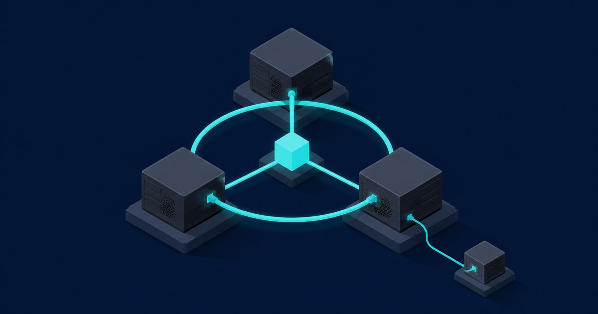Three dark isometric server nodes linked by a glowing cyan ring to a central cube, with a small fourth box cabled to one node like a QDevice.