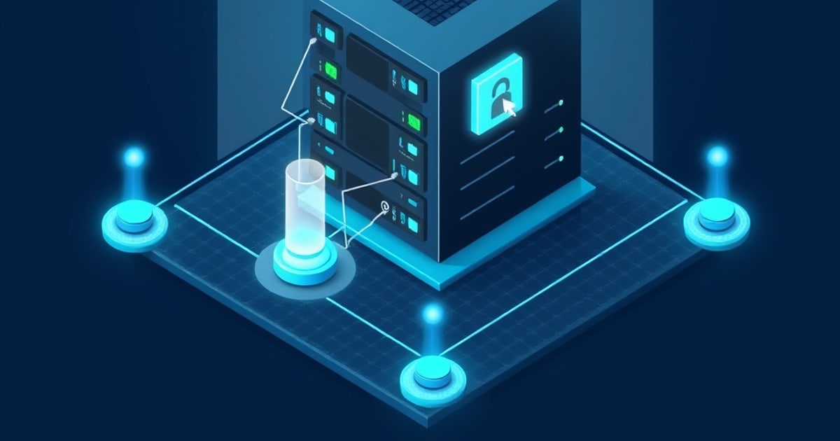Flat isometric illustration of a dark server rack marked with a padlock badge, standing inside a glowing square perimeter with four lit corner posts on a grid platform