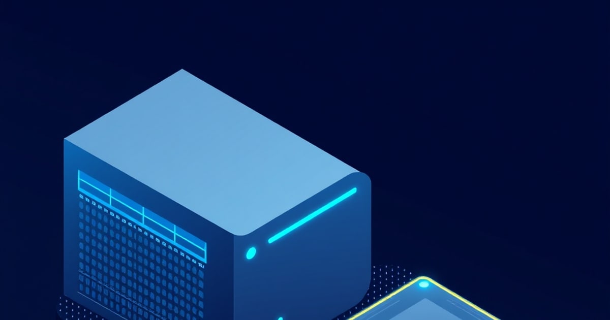 Isometric illustration of a single blue desktop tower with a dotted vent panel and cyan light strip, with a yellow-edged blue slab cropped at lower right.