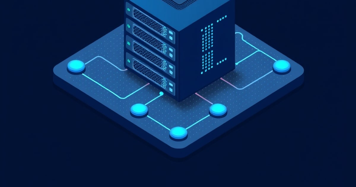 Isometric illustration of a blue server rack, its top cropped off, standing on a dotted platform where glowing cyan traces link five round light pucks.