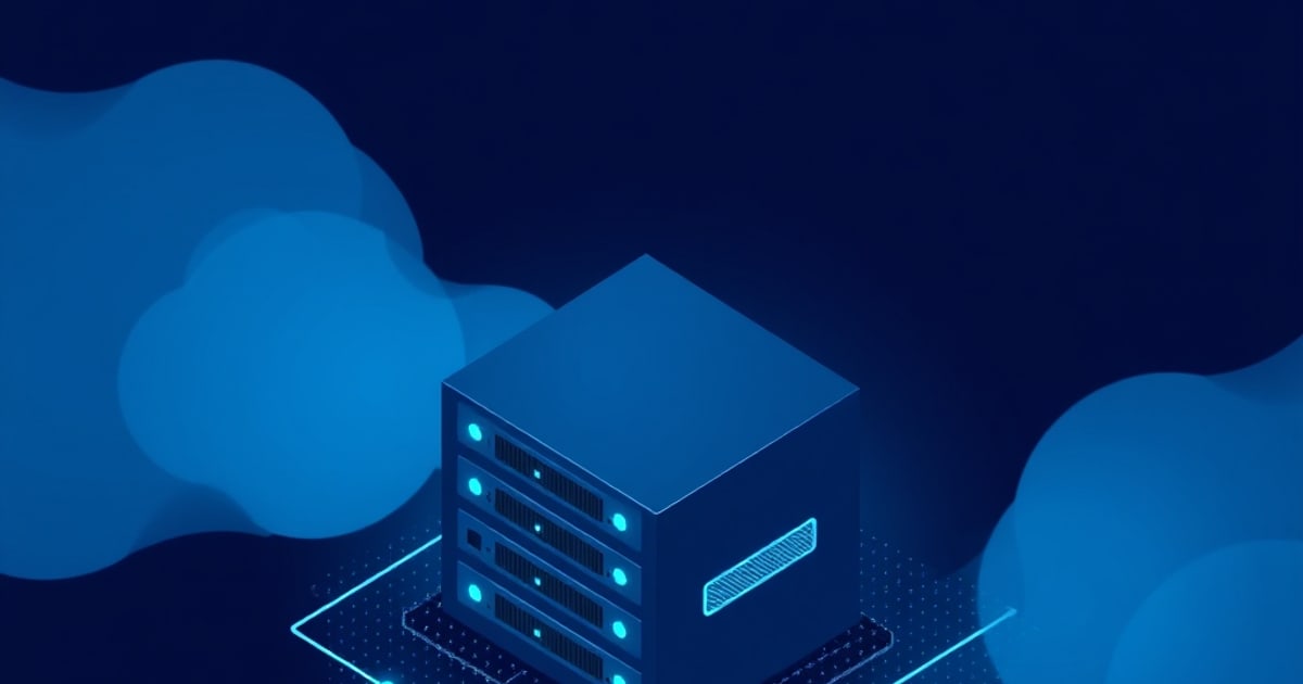 Isometric illustration of a single dark-blue server cube with cyan status lights on a glowing platform, flanked by two flat blue cloud shapes.