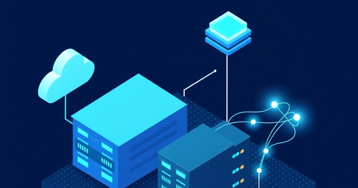 Isometric illustration of two blue server blocks on dotted platforms, wired to a floating cloud, a stack of cyan discs, and a glowing node graph.