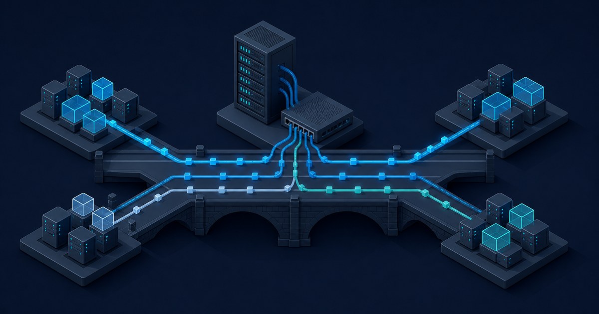 Isometric dark-blue diagram of a stone bridge carrying color-coded network lanes from a server rack and switch out to four islands of glowing cubes.