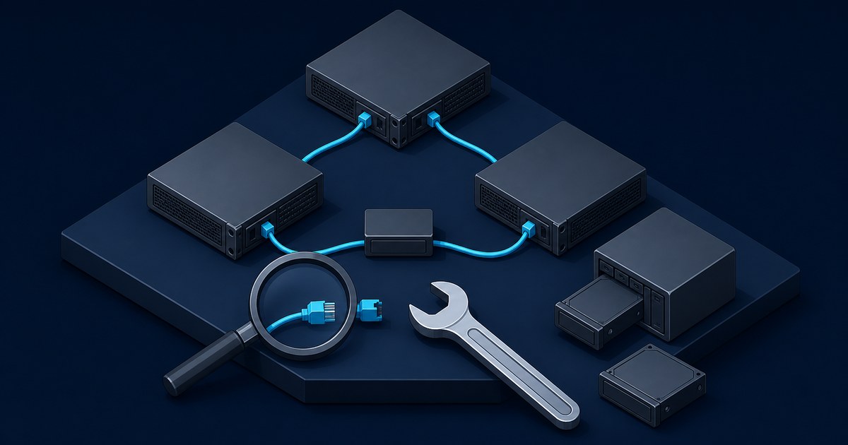 Isometric cluster of three mini server nodes joined by blue network cables, with a magnifying glass on an unplugged cable, a wrench and spare drives nearby.