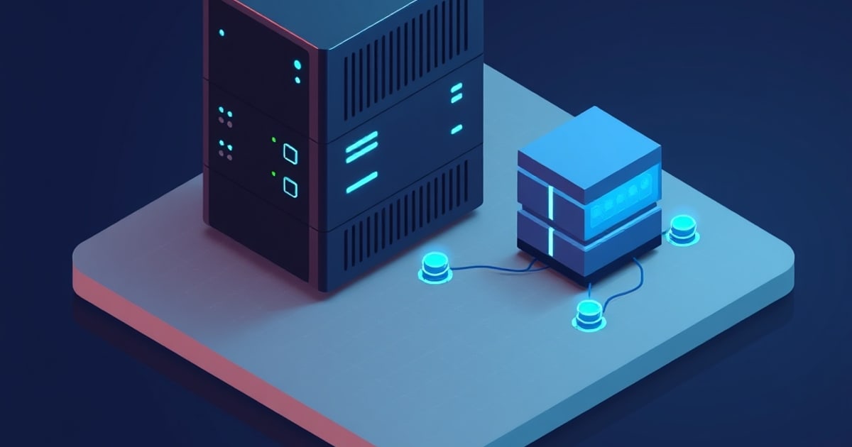 Isometric illustration of a tall dark server rack beside a smaller bright blue unit on a pale platform, cabled to three small glowing cyan pucks.