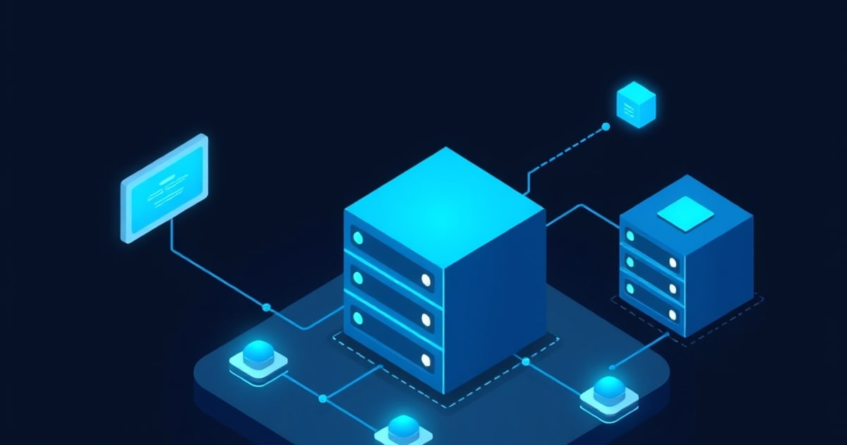 Isometric illustration of a large blue server cube and a smaller one, linked by thin lines to a floating code panel and glowing pucks on a platform.