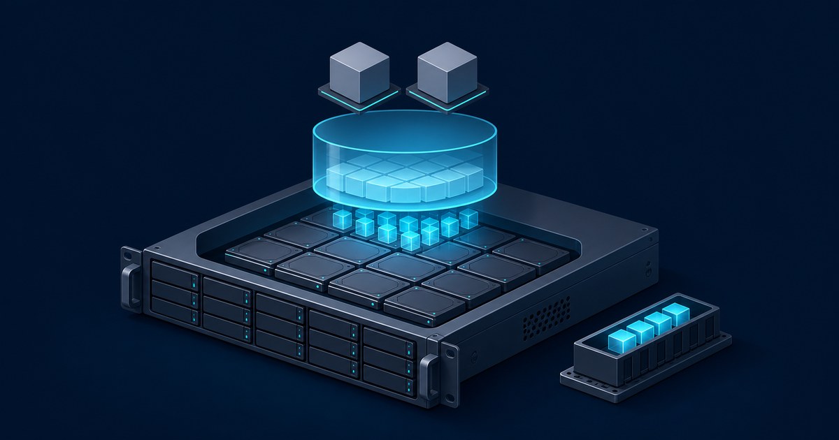 Isometric storage server with rows of drive bays under a glowing cyan cylinder of data blocks, cubes streaming down to the disks, and a lit cache module.